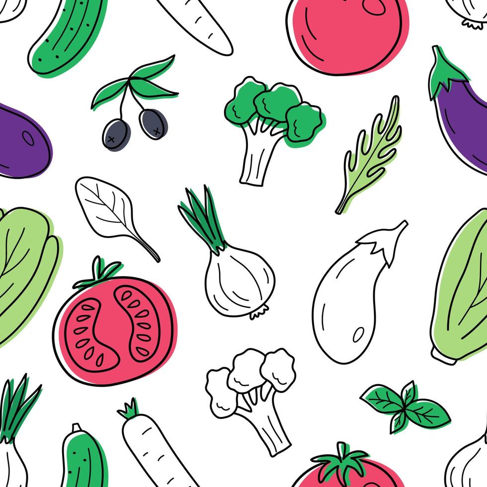 Color seamless pattern in doodle style with vegetables vector