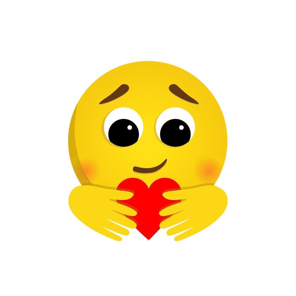 A round emoji holds a heart in its hands. Vector character in cartoon style on a white background. Cute emoticon