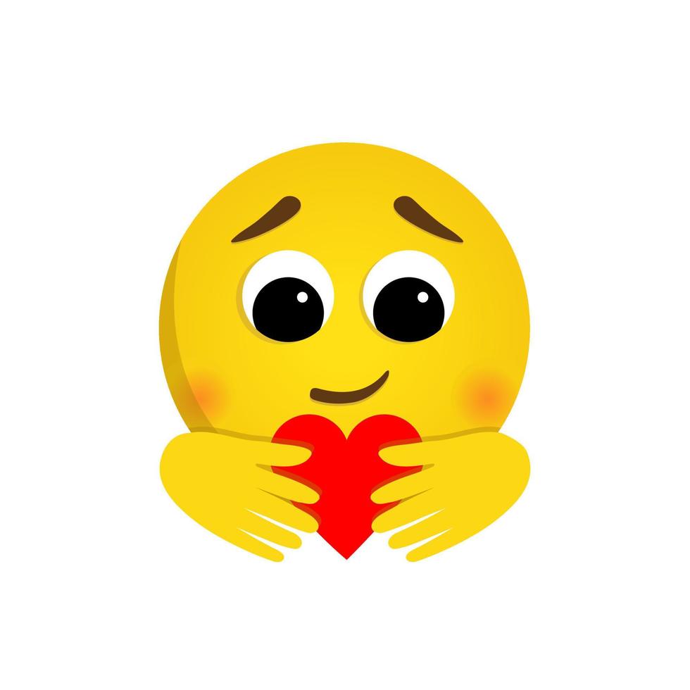 un emoji redondo tiene un corazón en sus manos. personaje vectorial en estilo de dibujos animados sobre un fondo blanco. lindo emoticono vector