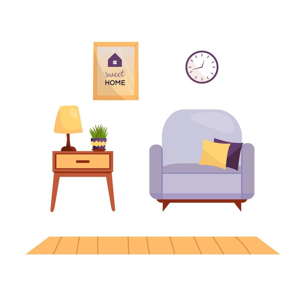 Room with sofa, bedside table, carpet and picture vector