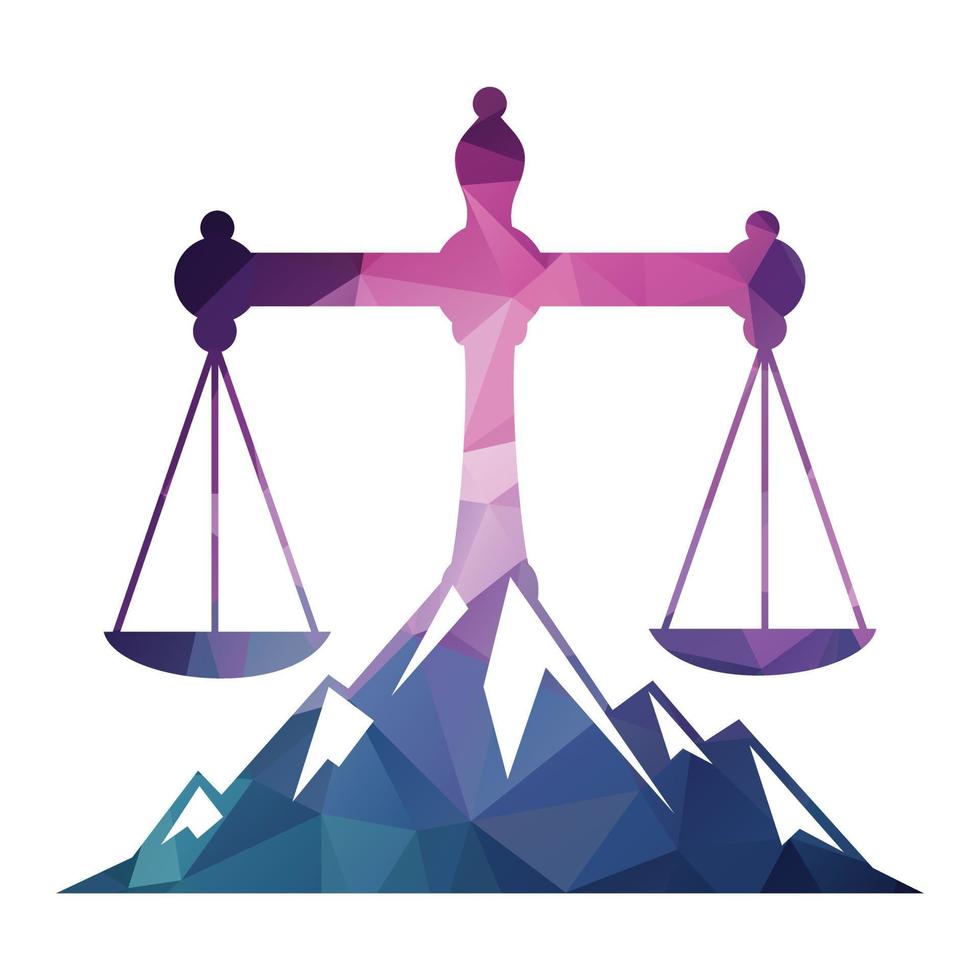 Mountains and symbols of justice. Law scale logo concept design. vector