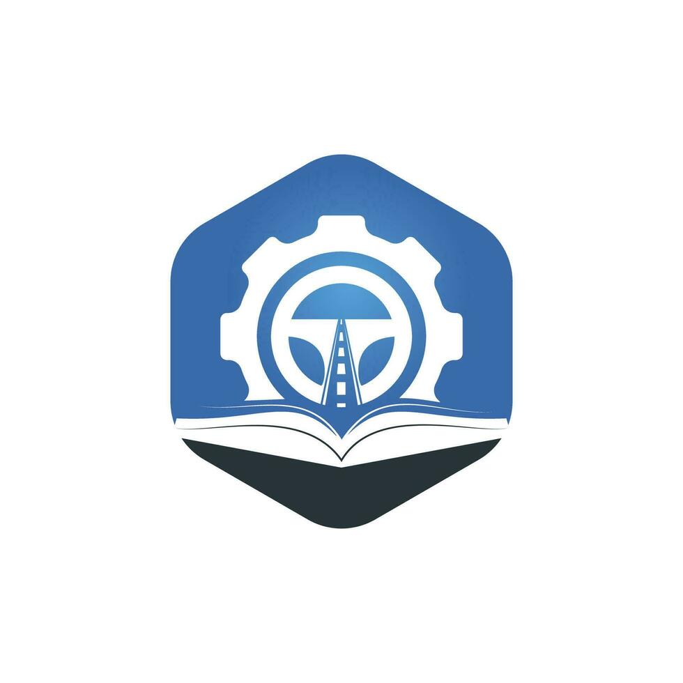 Driving school logo design. Steering wheel with Cog and book icon. vector