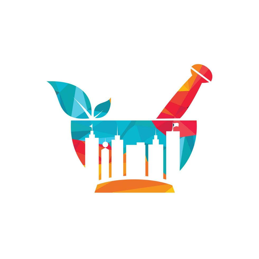diseño del logotipo del vector de la ciudad farmacéutica. maja y mortero con icono de edificios.