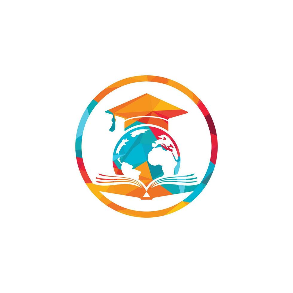 diseño del logotipo del vector de educación mundial. globo con tapa de gradación y diseño de icono de libro.