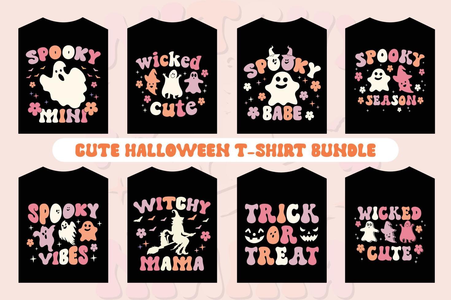 Cute Halloween T-shirt design Bundle, Little Boo T-Shirt, Retro Halloween, kids Season, Wavy T-shirt design. vector