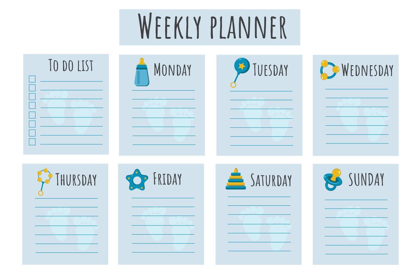 Schedule for the baby's mom. Schedule for the week for the boy's mother. A place to take notes, organizer for the day of the week for planning. Young mom's schedule. Weekly planner for mom. vector
