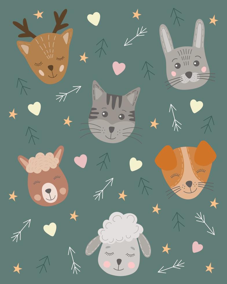 lindas y graciosas caritas de animales al estilo escandinavo. conjunto de elementos de zoológico de color para niños. cartel de dibujos animados infantiles dibujados a mano con caras de animales ovejas, perro, conejito, lama, gato. vector