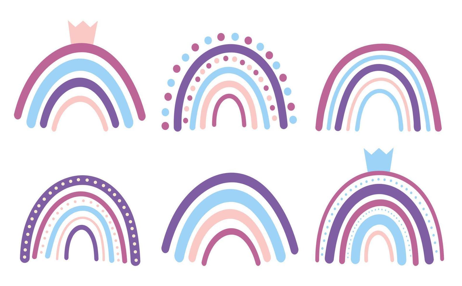 Hand drawn set of different rainbows. Cute pastel collection isolated on white background. Childish vector illustration for Birthday, Valentine's Day, baby room, children's invitations, posters.