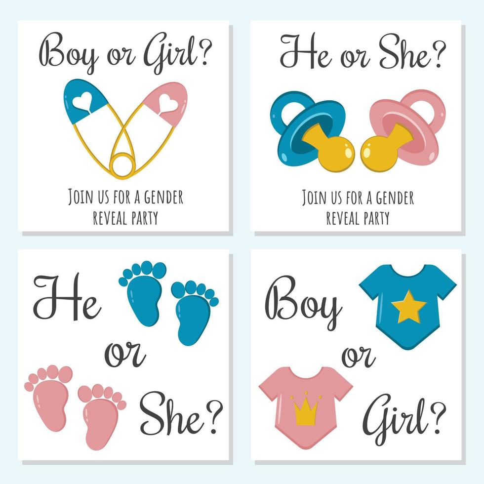 Gender reveal party concept. Vector illustration for invitation, cards, decoration party. Blue or pink Boy or girl He or she Cute baby bodysuits, pins, nipple . It's a boy. It's a girl.