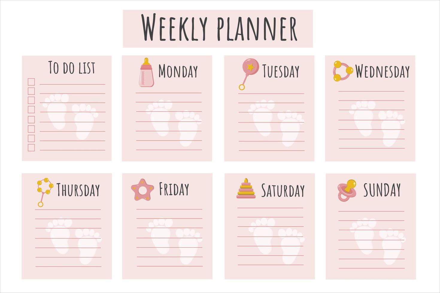 Schedule for the baby's mom. Schedule for the week for the girl's mother. A place to take notes, organizer for the day of the week for planning. Young mom's schedule. Weekly planner for mom. vector