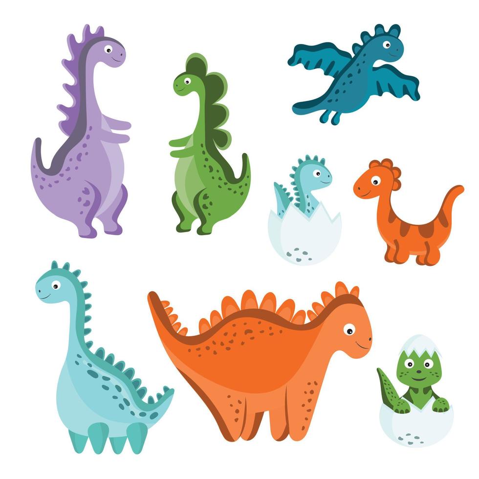 Set of cute vector dinosaurs isolated on white background. Cartoon dinosaurs, baby dino, litte and big dino. Can be used to decorate a children's room, illustration for children.