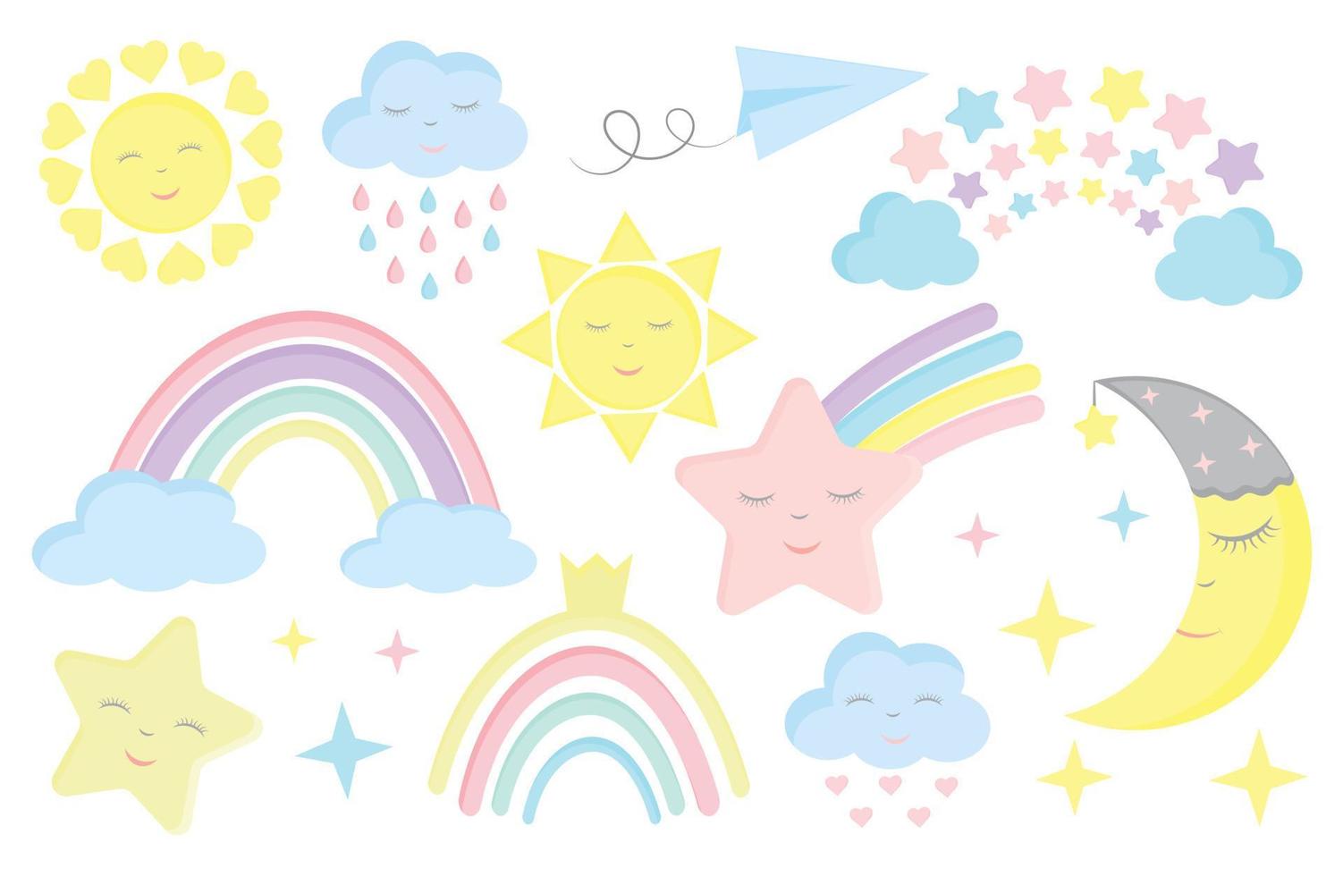 Cute vector illustrations of isolates on a white background that include rainbows, moon, sun, clouds, hearts. Decoration of a children's room, children's invitations, posters.