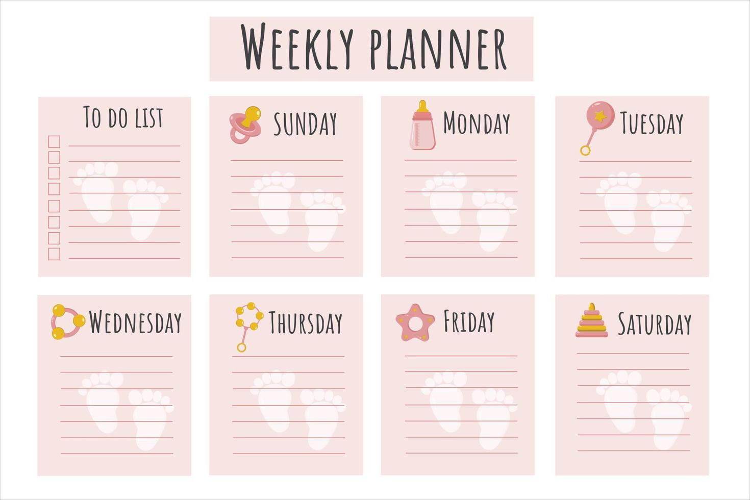 Schedule for the baby's mom. Schedule for the week for the girl's mother. A place to take notes, organizer for the day of the week for planning. Young mom's schedule. Weekly planner for mom. vector