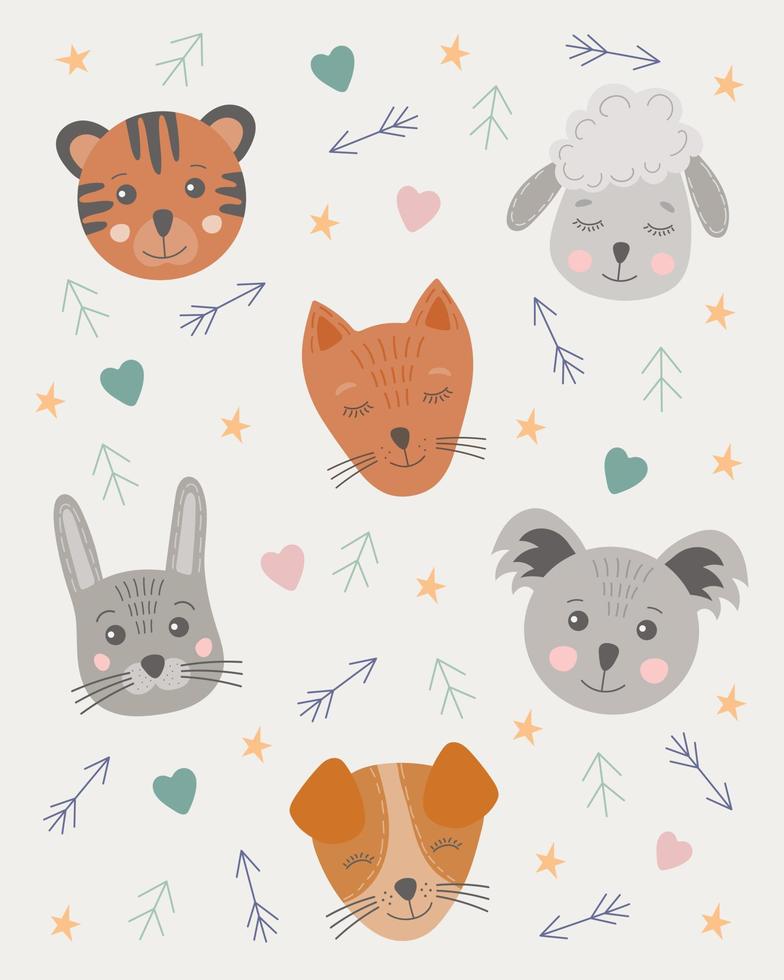 Cute funny little animals faces in Scandinavian style. Kids color zoo elements set. Hand drawn childish cartoon poster with faces of animals tiger, sheep, koala, dog, hare, fox. vector