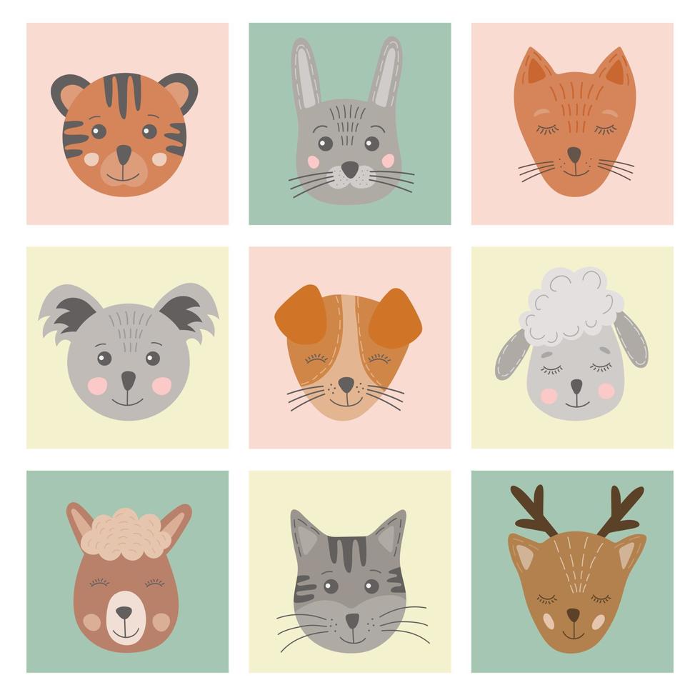 Set of cute hand drawn animals faces. Simple animal portraits - tiger, hare, fox, koala, dog, cat, deer. Colorful vector illustration for cards, clothes, nursery poster for baby in Scandinavian style.