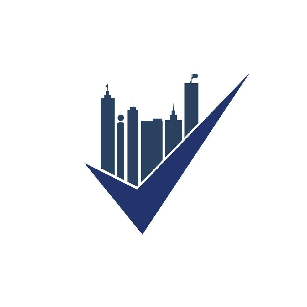 diseño del logotipo de la marca de verificación del edificio de la ciudad. concepto de logotipo de construcción de edificios. vector