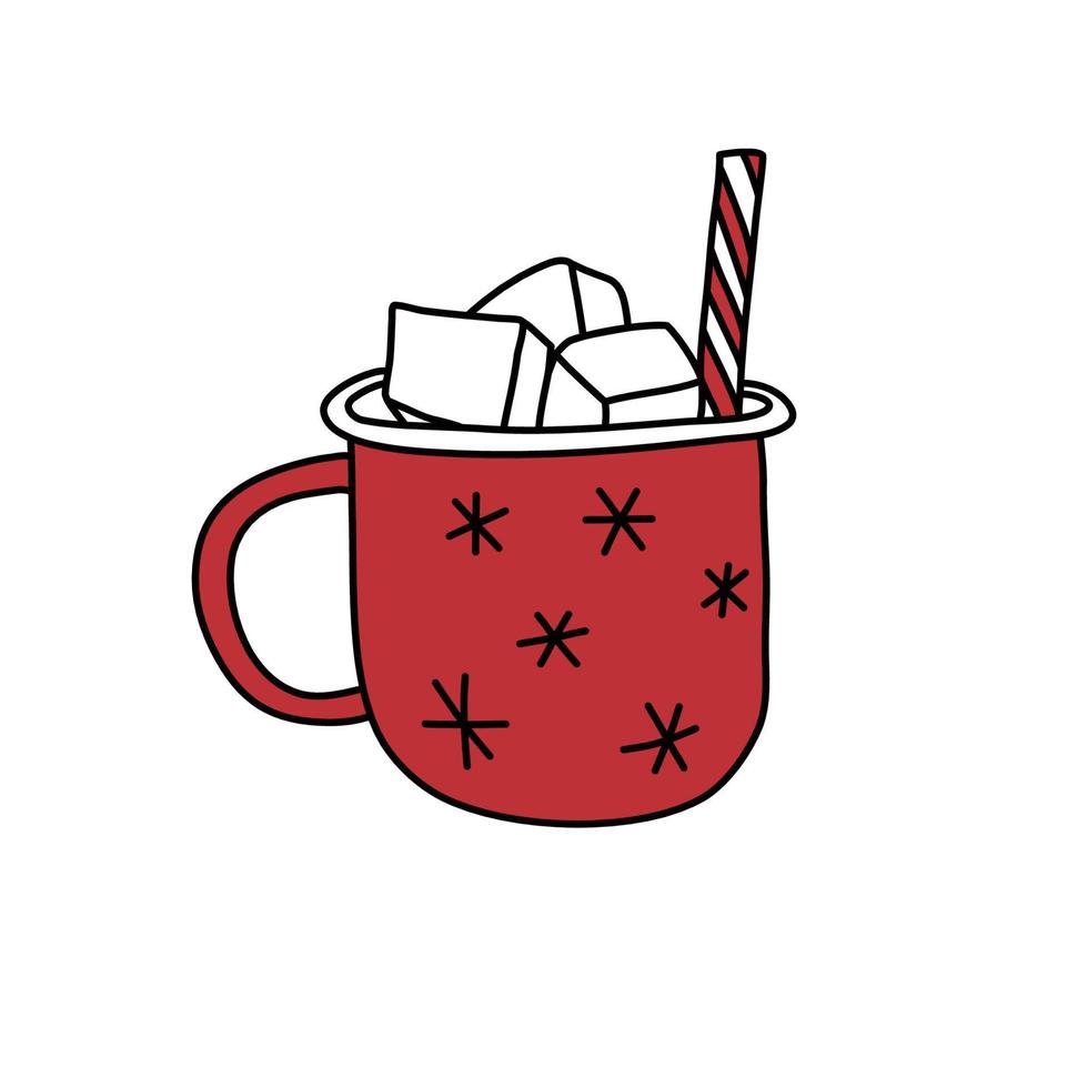 A mug with snowflakes ornament, straw and hot chocolate with marshmallows vector