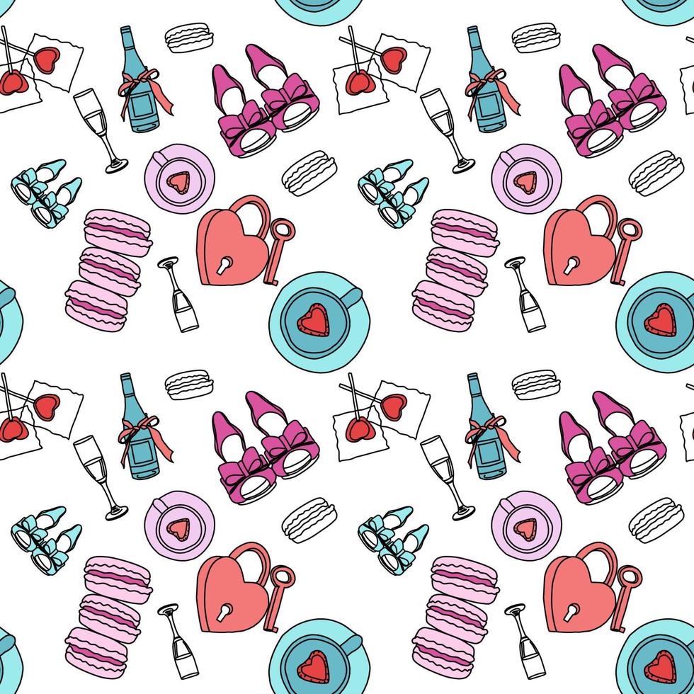 Seamless holiday pattern with valentines, macaroons, shoes, lollipops, champagne, glasses, coffee, lockers, and keys vector