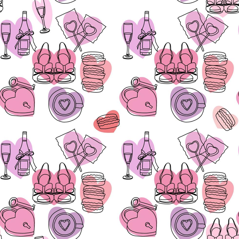 Seamless holiday pattern with gifts for Valentine's Day, champagne, macaroons, shoes, lollipops and hearts vector