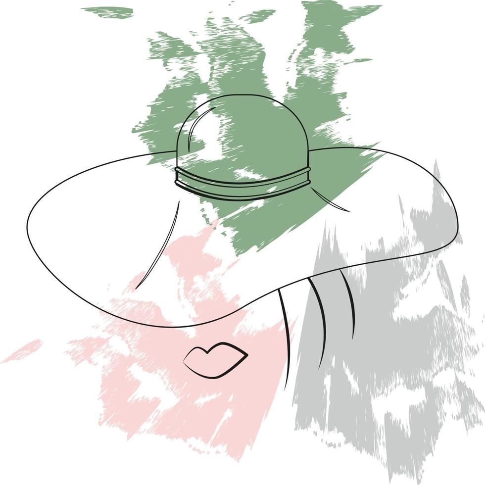 un dibujo estilizado abstracto de la cara de una mujer en un sombrero sobre un fondo de manchas de colores. aislar vector