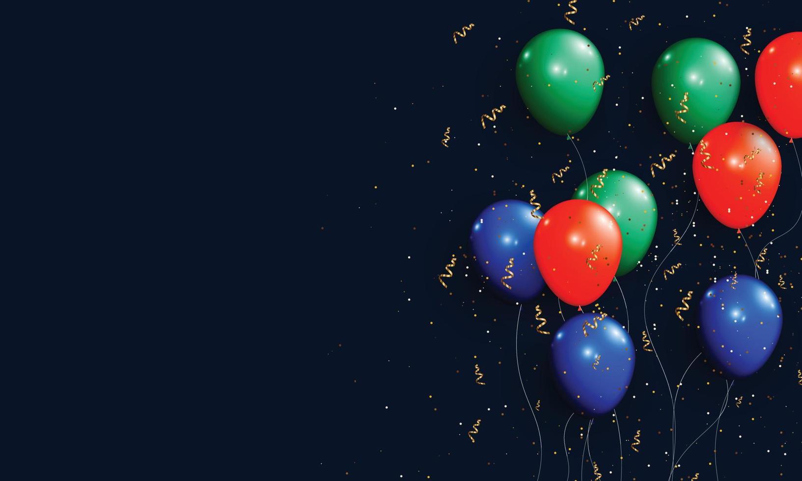 Blue  green and red balloon with golden confetti and glitter. vector