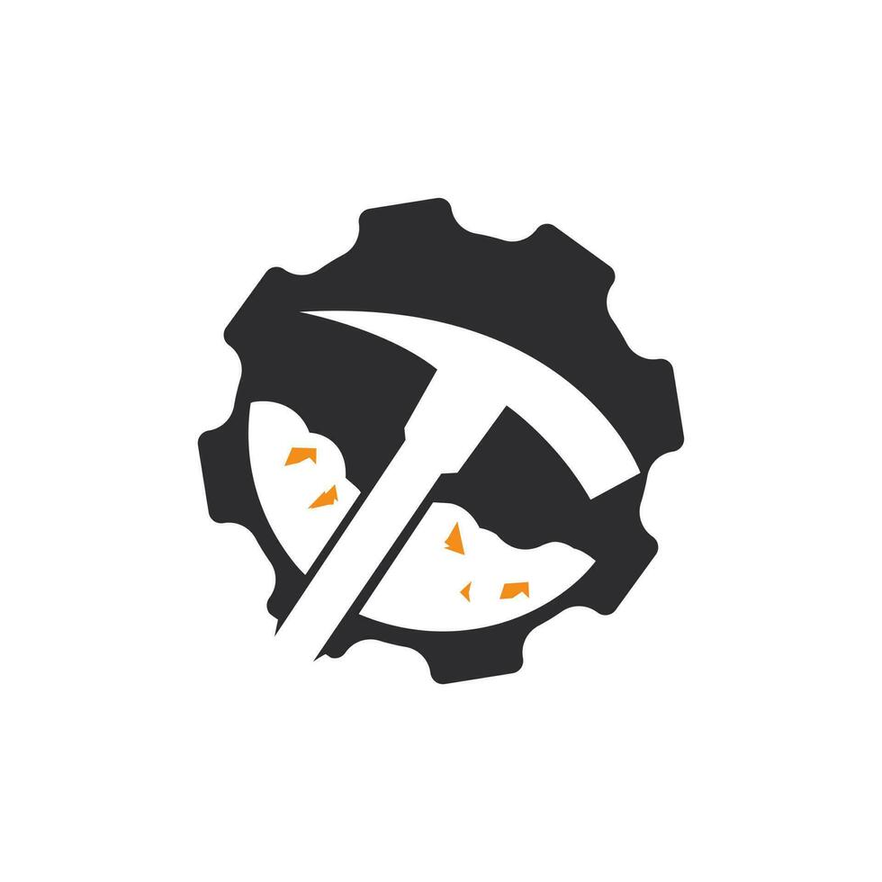 plantilla de logotipo minero con equipo. diseño de icono de rueda dentada y equipo de minería. vector