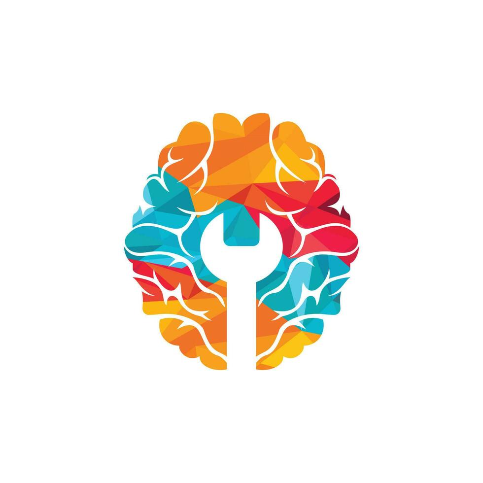 diseño del logotipo del vector de reparación cerebral. diseño del logotipo del icono del cerebro y la llave inglesa.