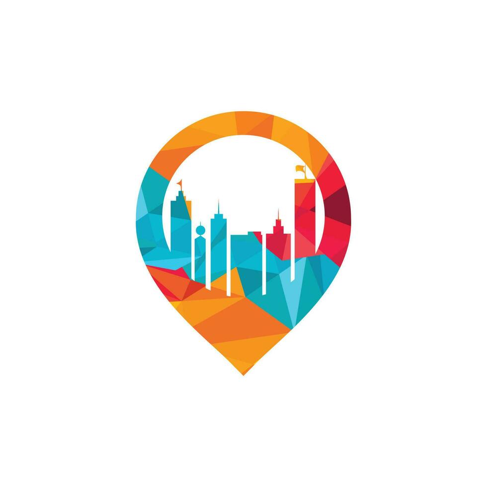 Building pin vector logo design. City located vector logo concept.