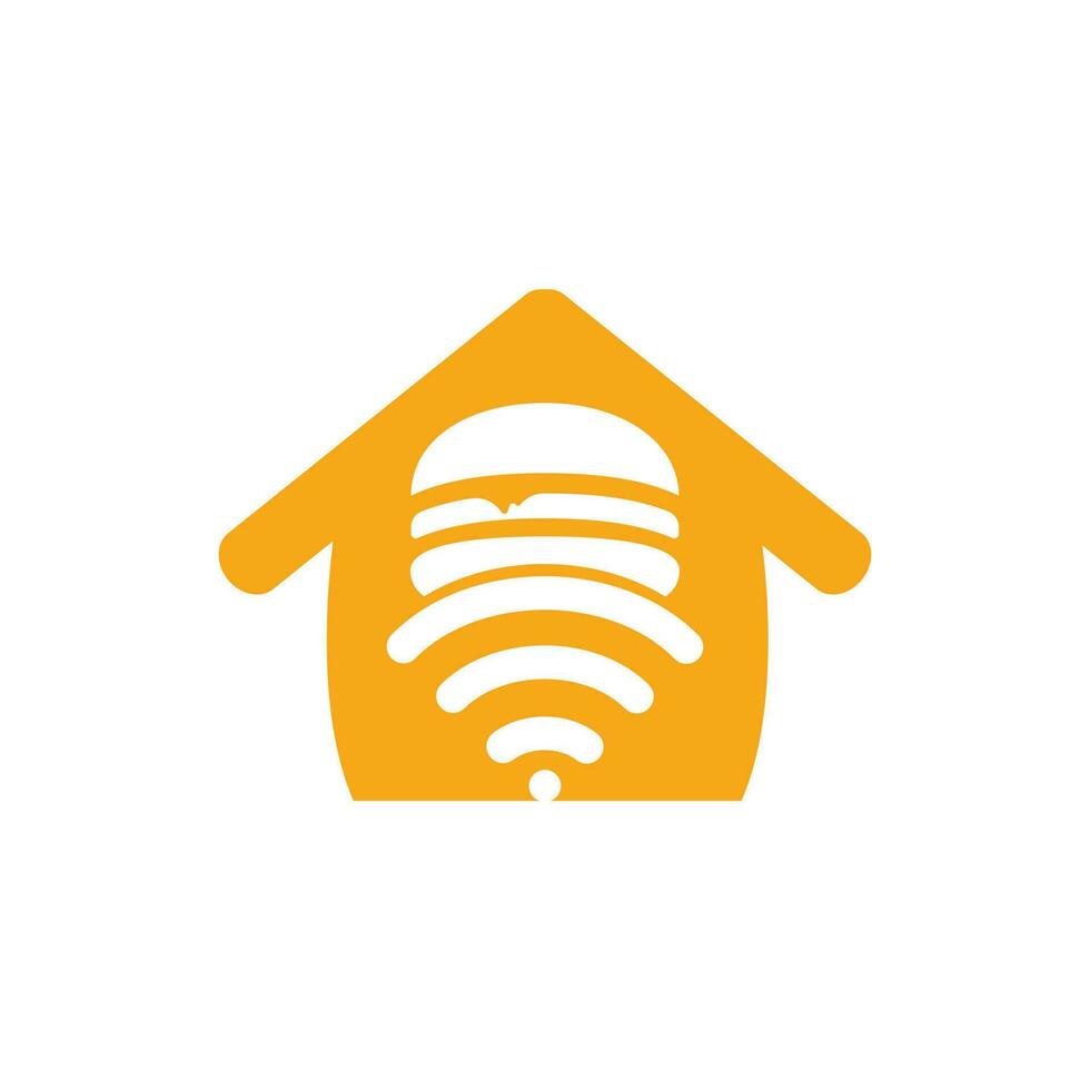 Online food logo design concept. Hamburger and WiFi signal with home symbol or icon. vector