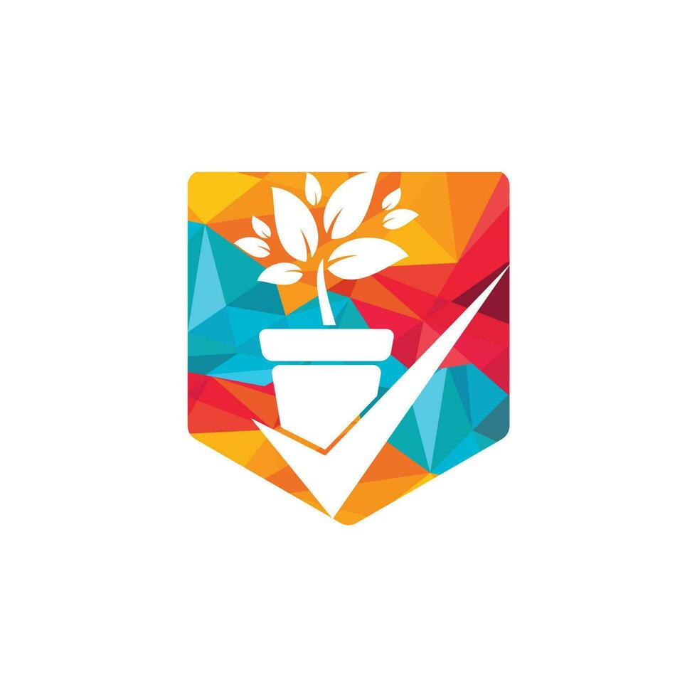 Compruebe el diseño del logotipo del vector de jardín. icono de cheque y maceta.