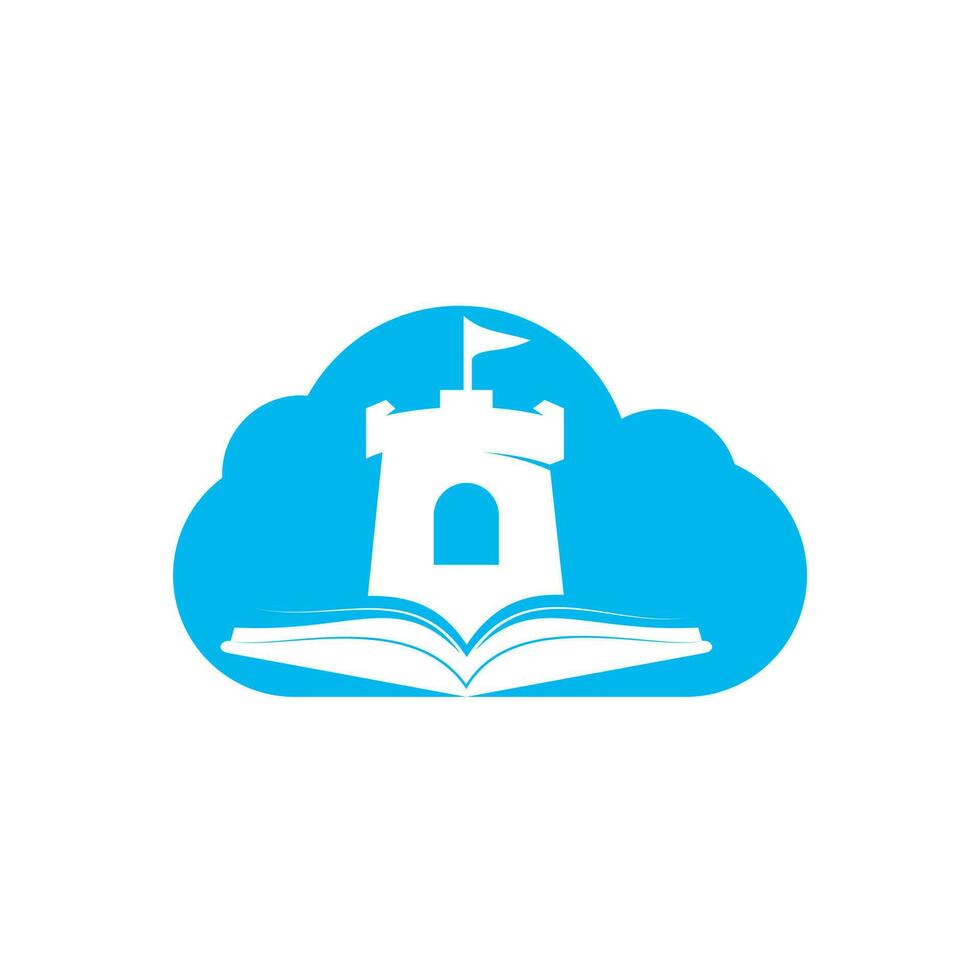 Castle book with cloud vector logo design. Unique bookstore, library and fortress logotype design template.