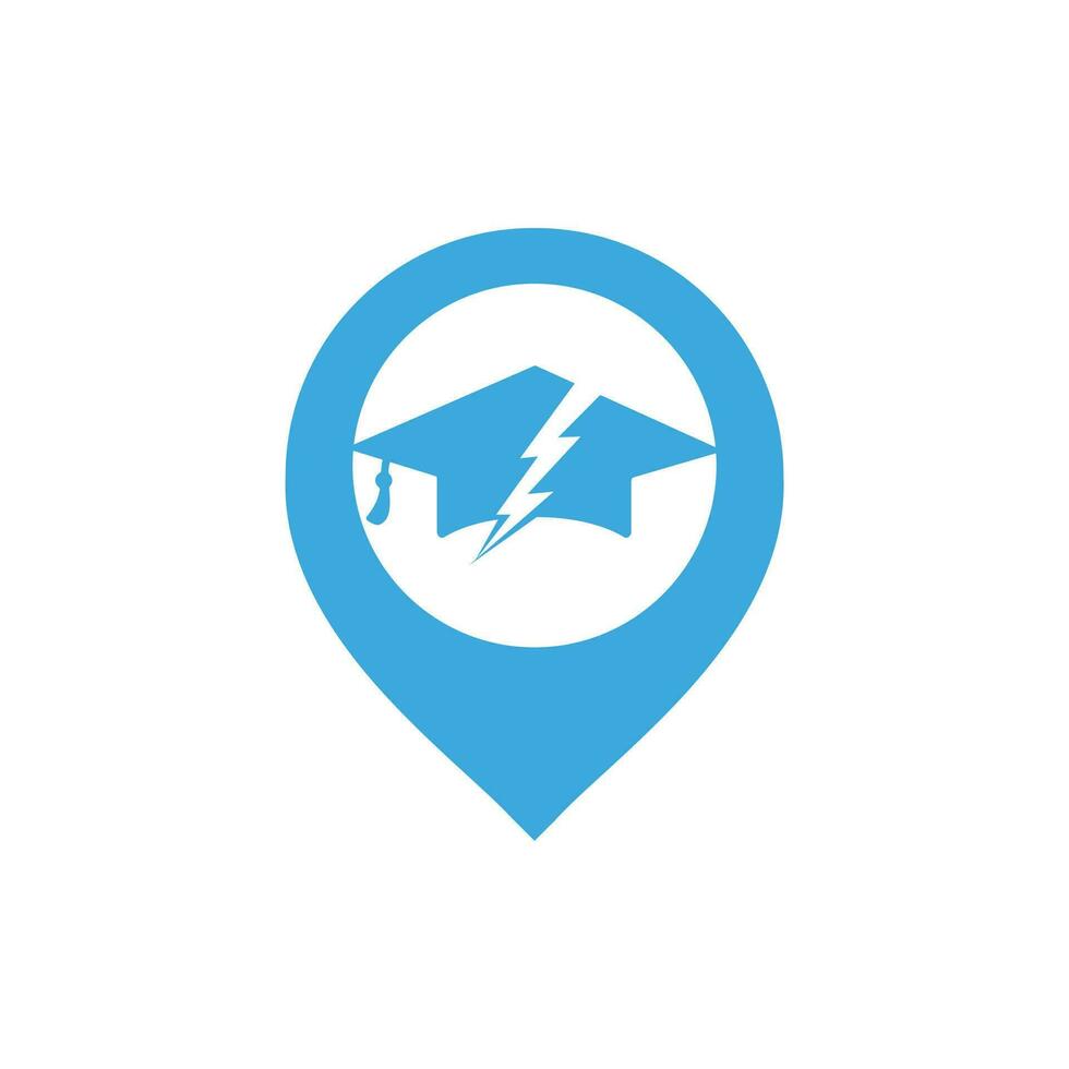 Flash student vector logo template. Graduation cap with thunder and pin pointer icon.