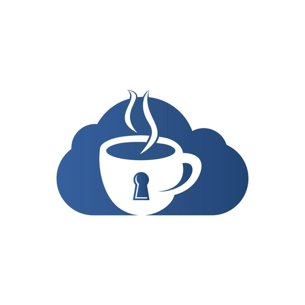 diseño de logotipo de taza de café y candado. diseño del logo de la taza de café combinado con ojo de cerradura y nube. vector