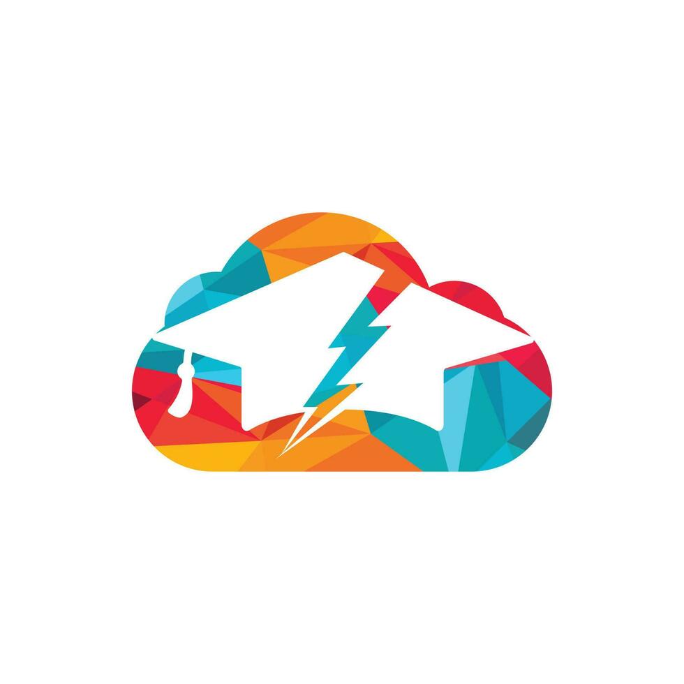 Flash student vector logo template. Graduation cap with thunder and cloud icon.