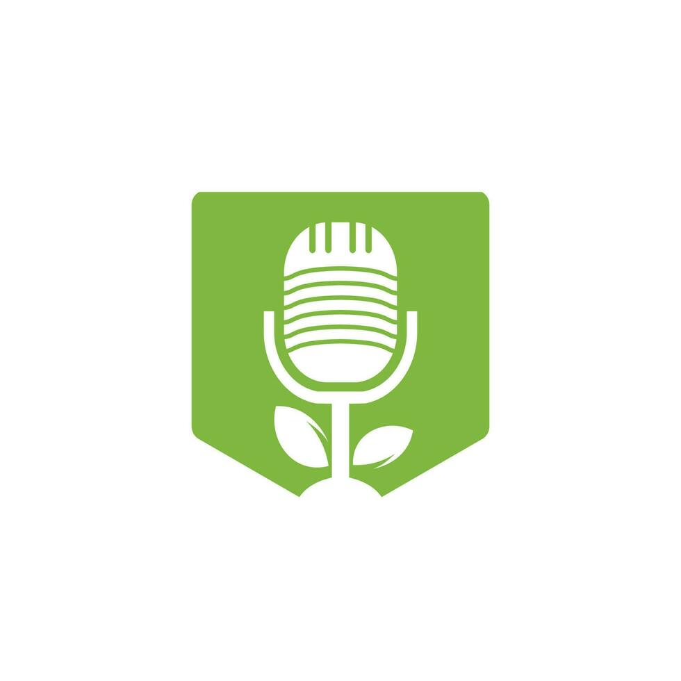 Podcast leaf nature ecology vector logo design. Podcast talk show logo with mic and leaves.