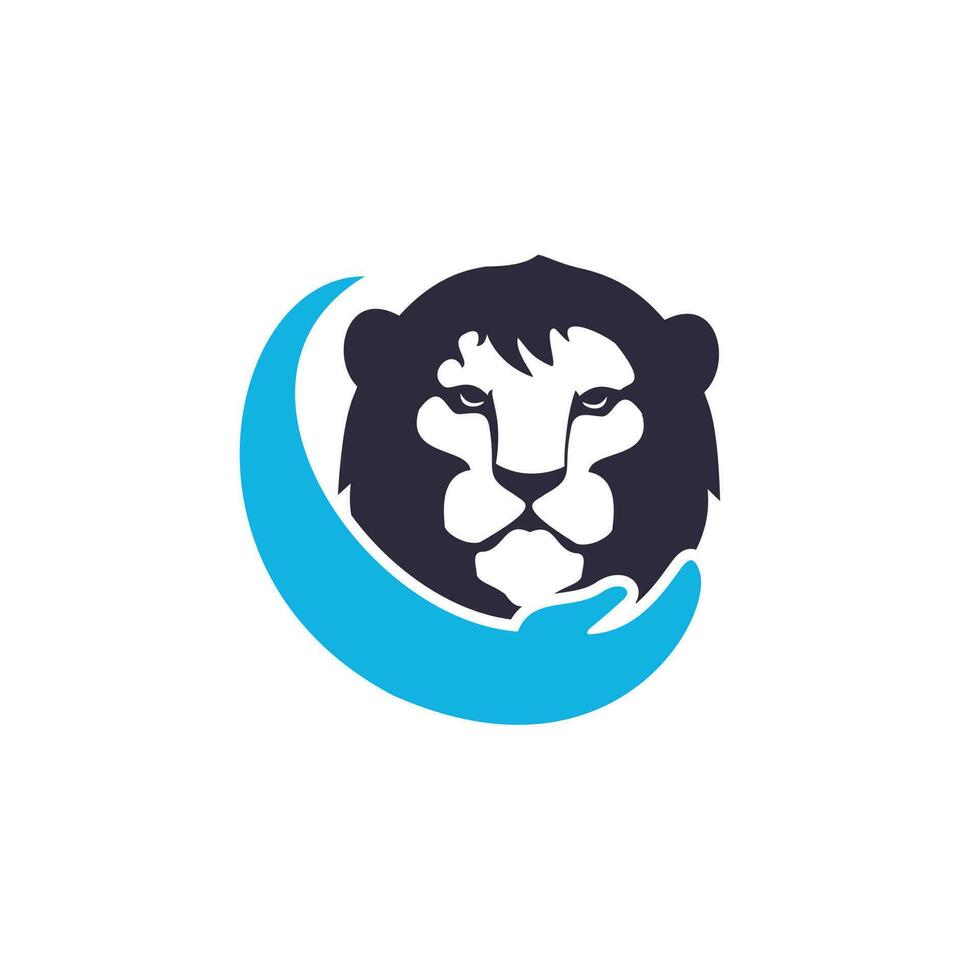 Lion care vector logo design concept. Human hand and lion icon.