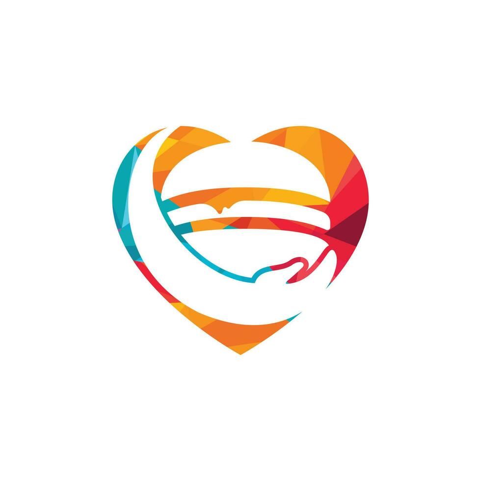 diseño del logotipo del vector de cuidado de hamburguesas. hamburguesa vectorial y mano con combinación de logo en forma de corazón.