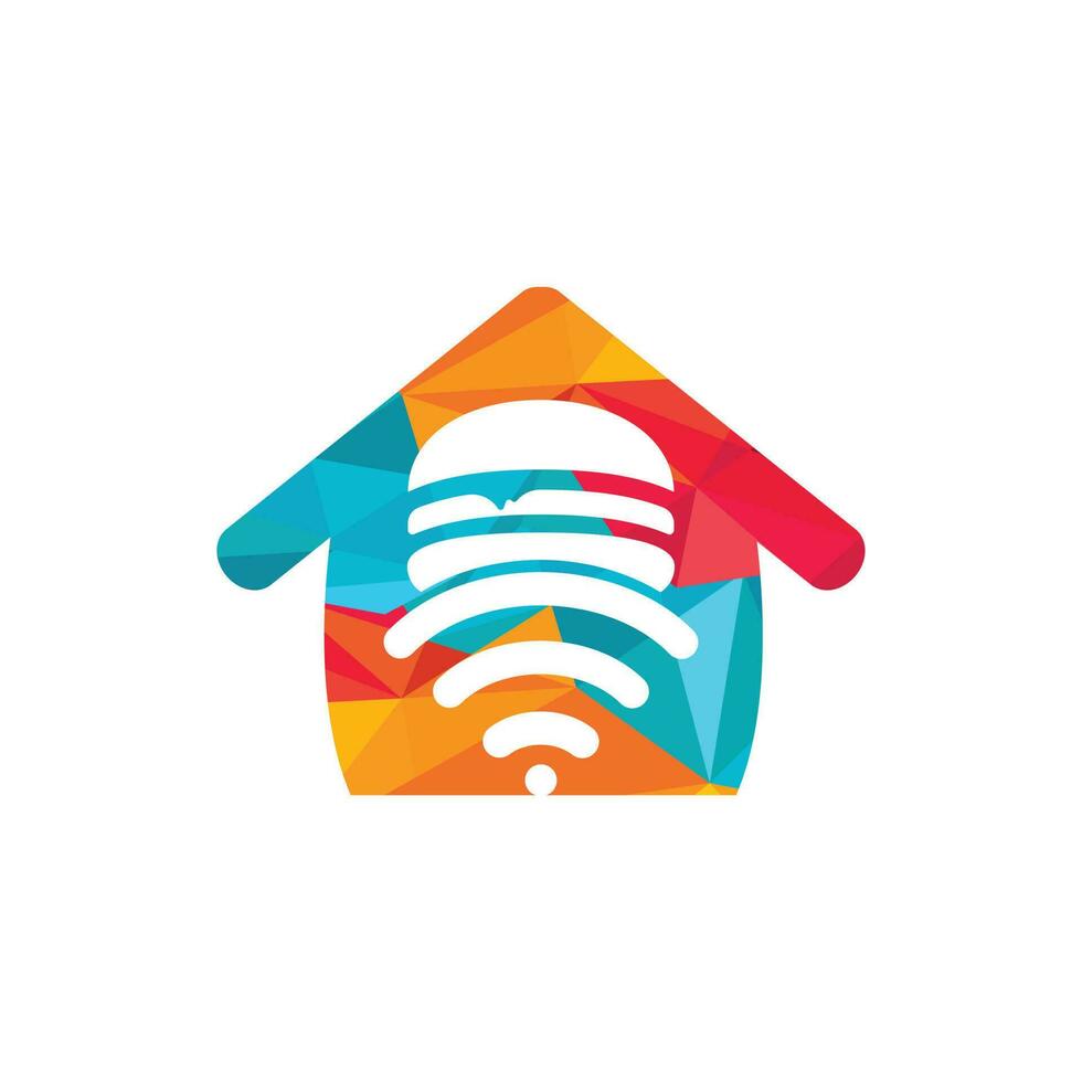Online food logo design concept. Hamburger and WiFi signal with home symbol or icon. vector