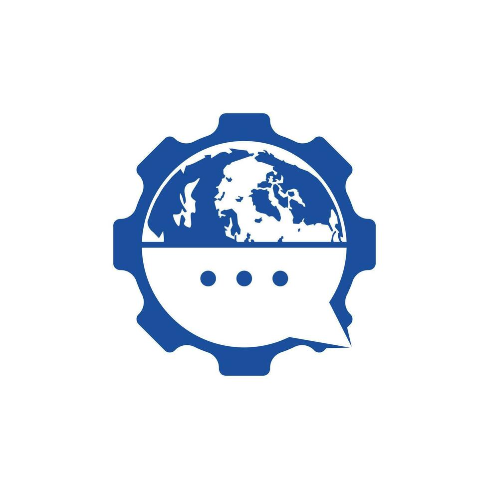 diseño de logotipo de vector de chat mundial. logotipo del globo con charla de burbujas e icono de engranaje.