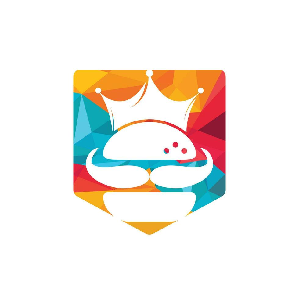 diseño del logotipo vectorial del rey de las hamburguesas. hamburguesa con concepto de logotipo de icono de corona y bigote. vector