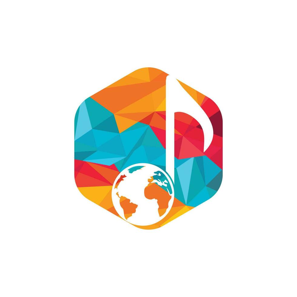 diseño del logotipo del icono de la nota musical y del globo terráqueo. icono de ilustración vectorial con concepto de gestión de medios de música global. vector