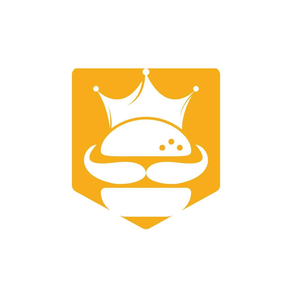 diseño del logotipo vectorial del rey de las hamburguesas. hamburguesa con concepto de logotipo de icono de corona y bigote. vector