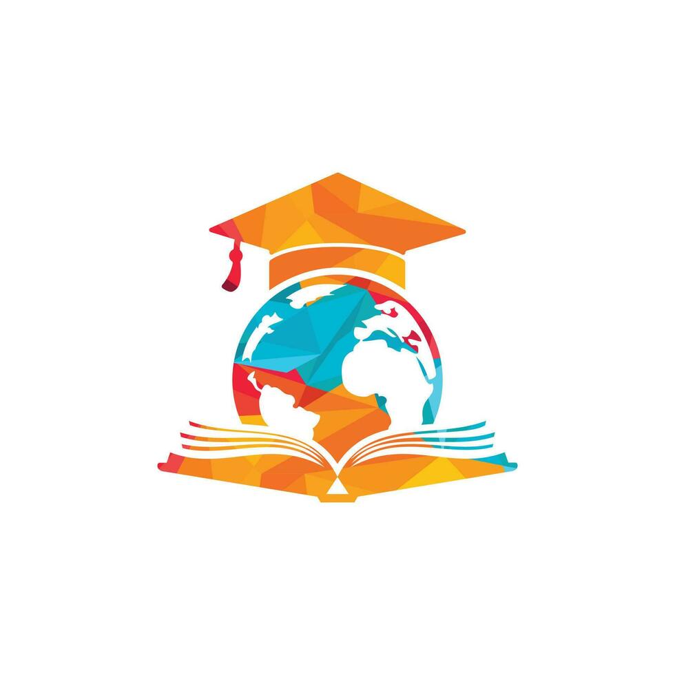 diseño del logotipo del vector de educación mundial. globo con tapa de gradación y diseño de icono de libro.