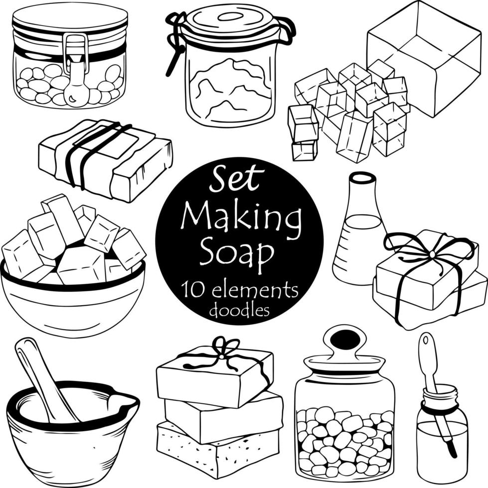 Icons on topic of making soap, creating homemade cosmetics. set of 10 doodle elements, with black line - soap base, jars with pigment, molded soap, olives, decor, pipette, flask. vector