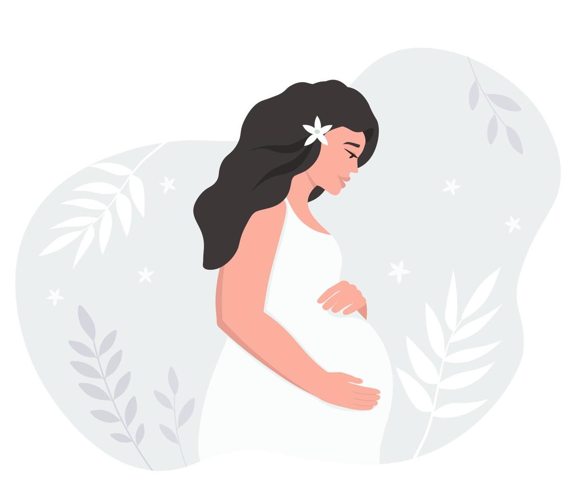 Pregnant woman with long hair in profile. The concept of motherhood, health, love for children, family, preparation for childbirth. Vector graphics.