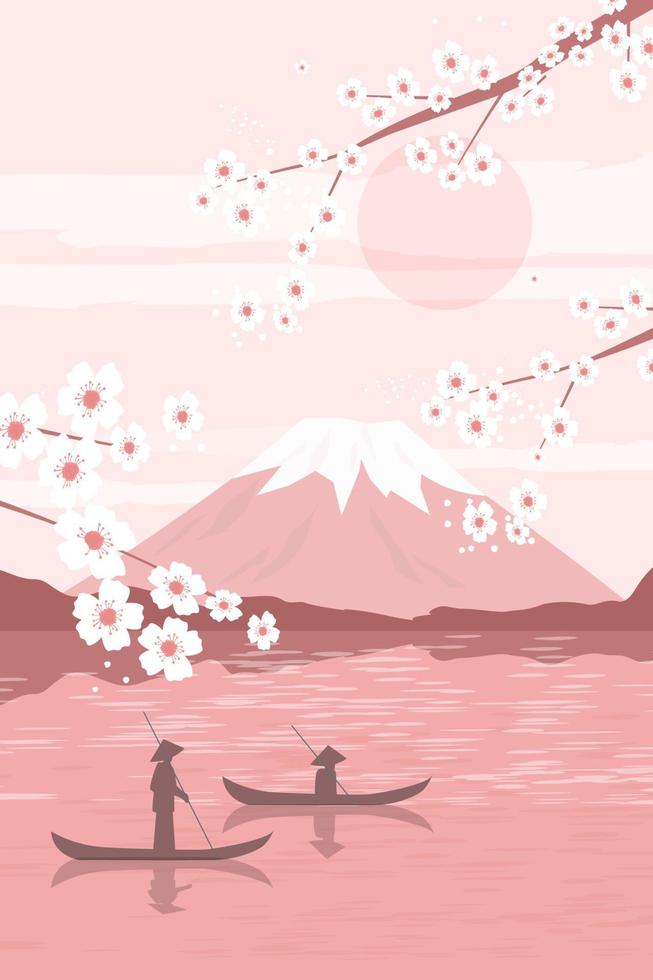 Abstract poster with landscape. A Japanese mountain, a natural lake, branches of cherry blossoms, a boat with fishermen. Vector graphics.