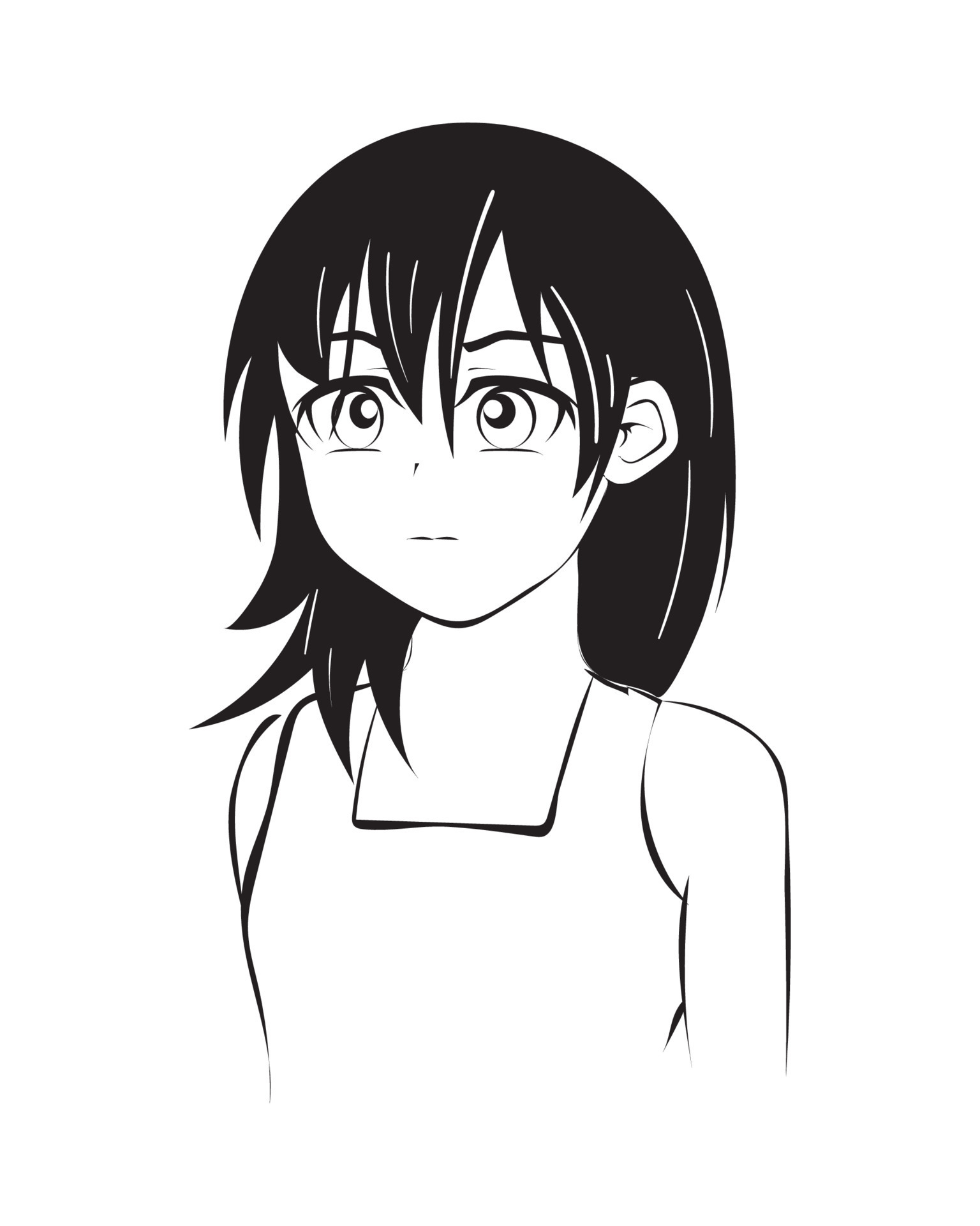 Cute anime girl flat vector, black and white isolated white