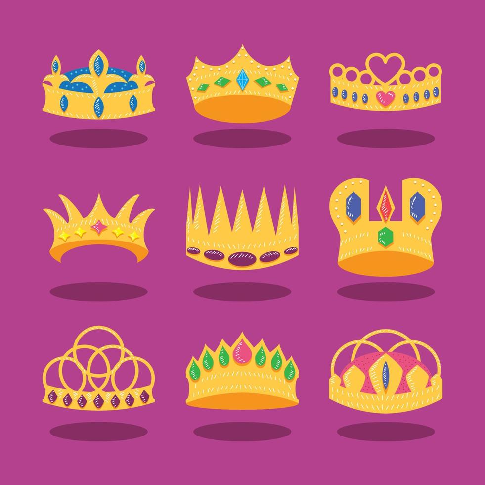 set of gold crowns icons vector