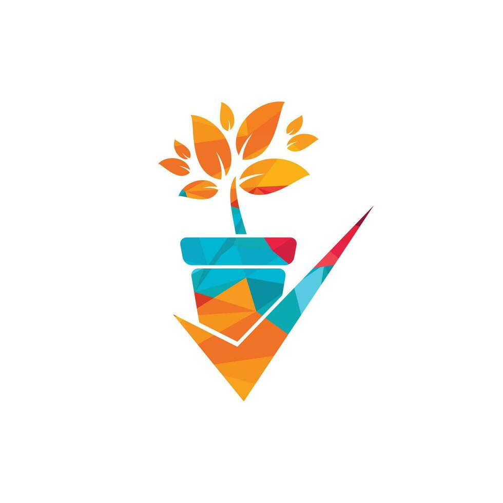 Compruebe el diseño del logotipo del vector de jardín. icono de cheque y maceta.