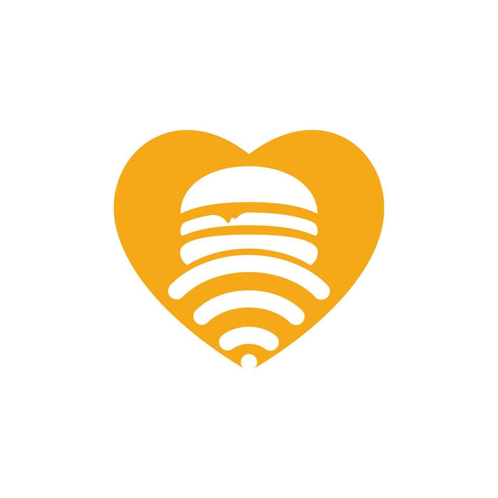 Online food logo design concept. Hamburger and WiFi signal with heart symbol or icon. vector